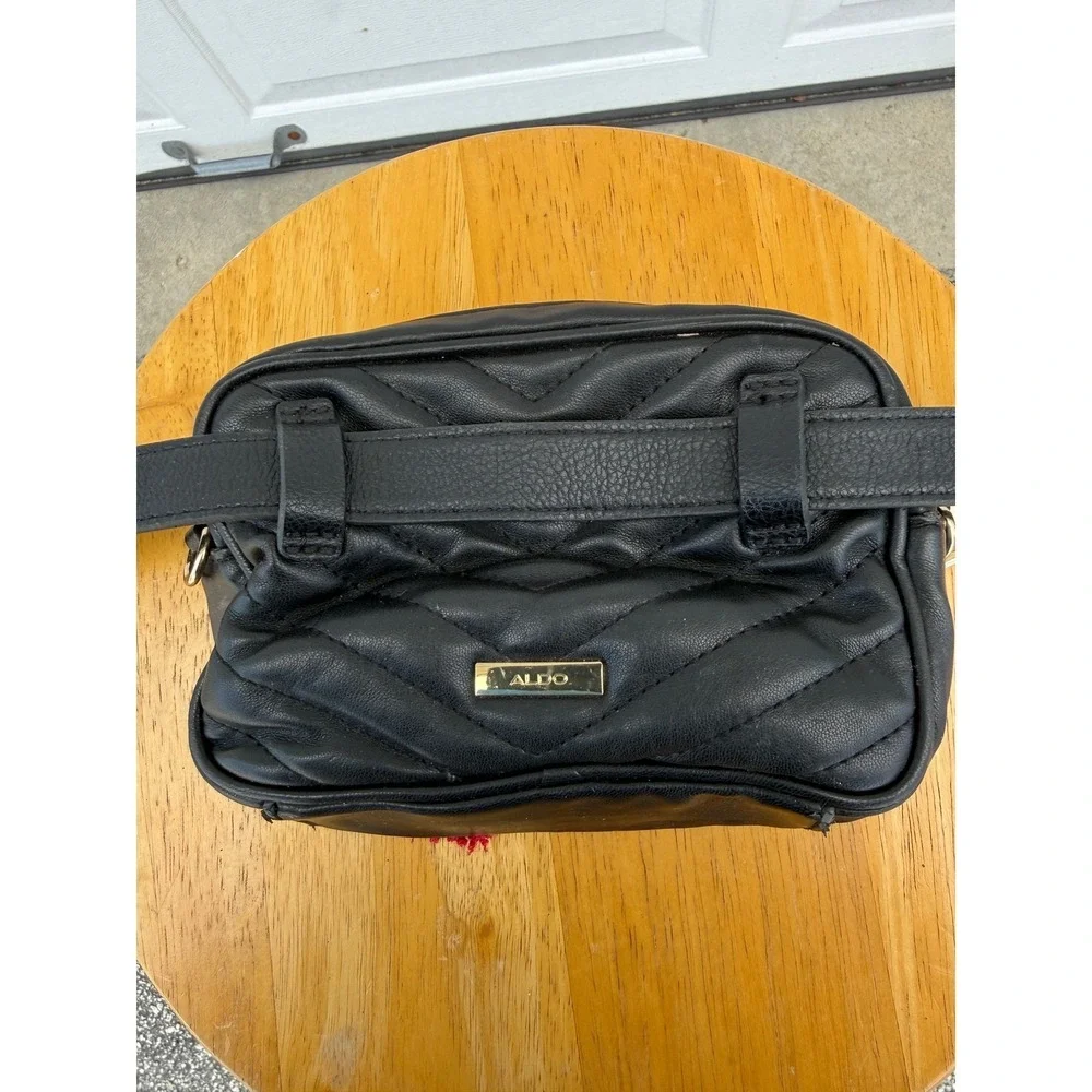 Aldo Black Quilted Belt Bag Faux Leather Waist Pack Gold Chain Tassel Accent